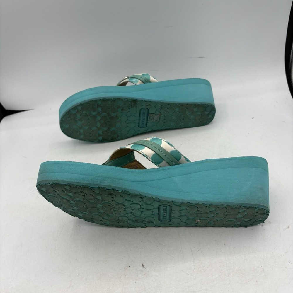 Coach Sandals Womens Size 8.5 B Jaden Wedge Heel Teal Cushioned Leather Straps - Picture 11 of 12